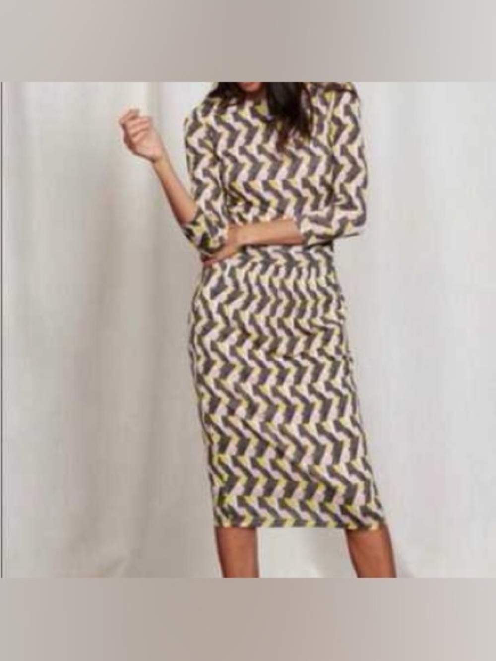 Boden Geometric ZigZag Pattern Ruched Waist Midi Dress